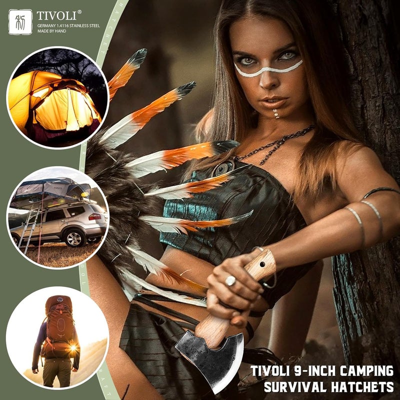 Tivoli 9-inch Small Hatchet Axe for Camping, Small Wood Hatchet Hand Axe, Hand Forged Carbon Steel Short Camp Axe for Chopping Wood, Ash Wood Handle, Retro Sheath - Image 5